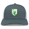 The SoCal Youth Referees Retro Trucker Cap by EMB S&S Activewear is a gray and white cap with an embroidered green and yellow dragon logo on the front and a snapback closure.