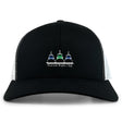 The Seacoast Rugby Club Retro Trucker Cap by EMB S&S Activewear features a black and white design, three stylized boats, club embroidery on the front, and an adjustable snapback closure for a perfect fit.