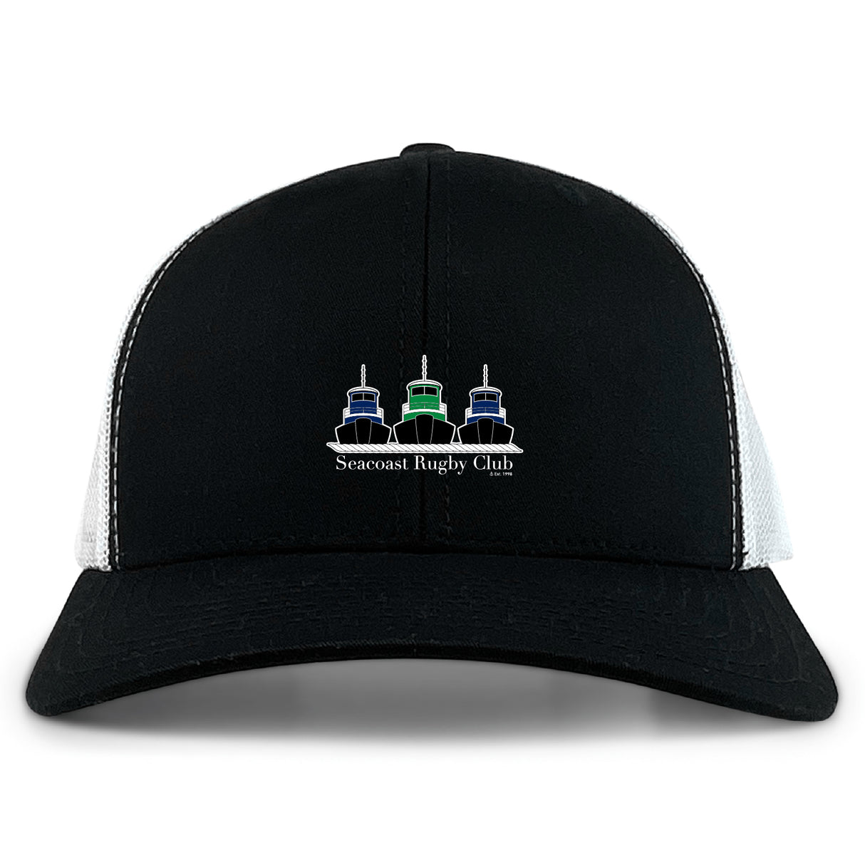 The Seacoast Rugby Club Retro Trucker Cap by EMB S&S Activewear features a black and white design, three stylized boats, club embroidery on the front, and an adjustable snapback closure for a perfect fit.