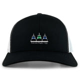 The Seacoast Rugby Club Retro Trucker Cap by EMB S&S Activewear features a black and white design, three stylized boats, club embroidery on the front, and an adjustable snapback closure for a perfect fit.