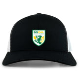 The EMB S&S Activewear SoCal Youth Referees Retro Trucker Cap features a black and white design, an embroidered front logo, and a classic snapback closure.