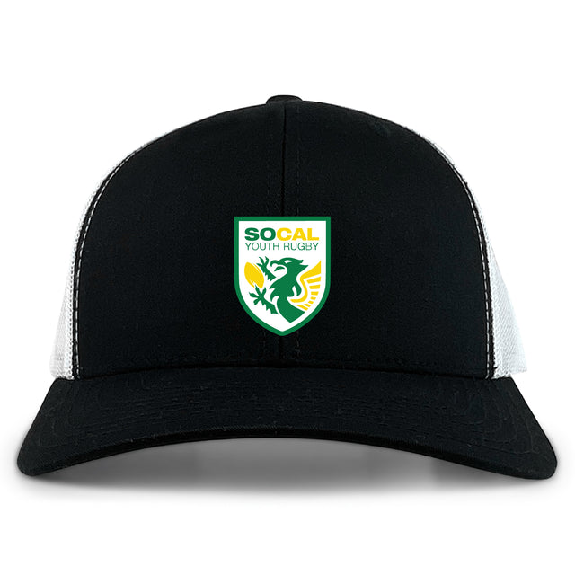 The EMB S&S Activewear SoCal Youth Referees Retro Trucker Cap features a black and white design, an embroidered front logo, and a classic snapback closure.