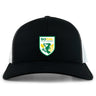 The EMB S&S Activewear SoCal Youth Referees Retro Trucker Cap features a black and white design, an embroidered front logo, and a classic snapback closure.