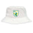 The EMB S&S Activewear SoCal Youth Referees Crusher Bucket Cap is a white cotton hat with a green and yellow shield and winged dragon logo on the front, providing classic style and great sun protection.
