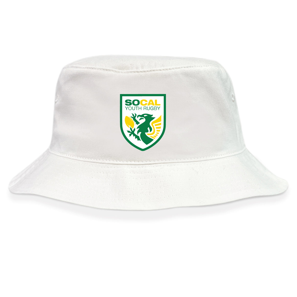 The EMB S&S Activewear SoCal Youth Referees Crusher Bucket Cap is a white cotton hat with a green and yellow shield and winged dragon logo on the front, providing classic style and great sun protection.