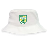 The EMB S&S Activewear SoCal Youth Referees Crusher Bucket Cap is a white cotton hat with a green and yellow shield and winged dragon logo on the front, providing classic style and great sun protection.