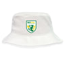 The EMB S&S Activewear SoCal Youth Referees Crusher Bucket Cap is a white cotton hat with a green and yellow shield and winged dragon logo on the front, providing classic style and great sun protection.
