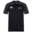 A black EMB Canterbury Seacoast Rugby Club Vapodri Evader Jersey with white logos on the chest, a subtle V-neck, and moisture-wicking fabric for comfort.