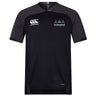 A black EMB Canterbury Seacoast Rugby Club Vapodri Evader Jersey with white logos on the chest, a subtle V-neck, and moisture-wicking fabric for comfort.