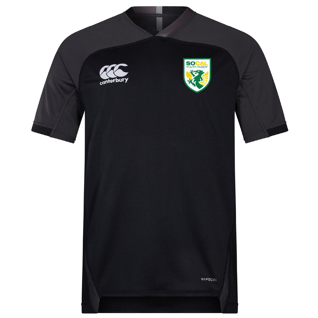 The SoCal Youth Referees Vapodri Evader Jersey by EMB Canterbury is a black short-sleeved rugby jersey with chest logos, made from moisture-wicking fabric to keep you cool and comfortable on the field.