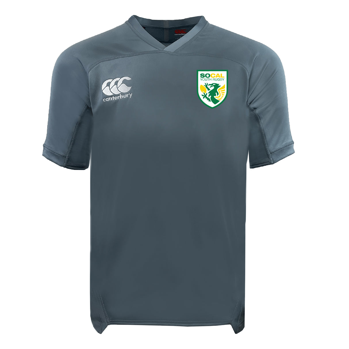 The EMB Canterbury SoCal Youth Referees Vapodri Evader Jersey is a gray, short-sleeve rugby top with moisture-wicking fabric, featuring a Canterbury logo on the right chest and a SoCal Youth Rugby badge on the left chest.