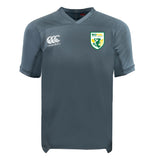 The EMB Canterbury SoCal Youth Referees Vapodri Evader Jersey is a gray, short-sleeve rugby top with moisture-wicking fabric, featuring a Canterbury logo on the right chest and a SoCal Youth Rugby badge on the left chest.