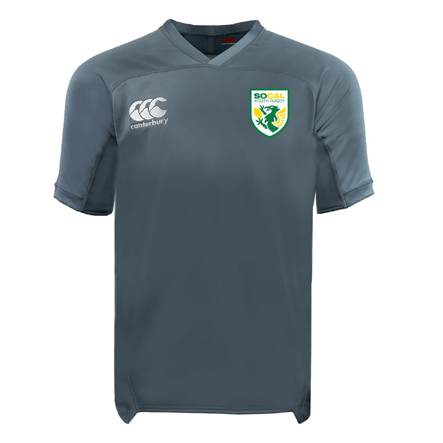 The EMB Canterbury SoCal Youth Referees Vapodri Evader Jersey is a gray, short-sleeve rugby top with moisture-wicking fabric, featuring a Canterbury logo on the right chest and a SoCal Youth Rugby badge on the left chest.