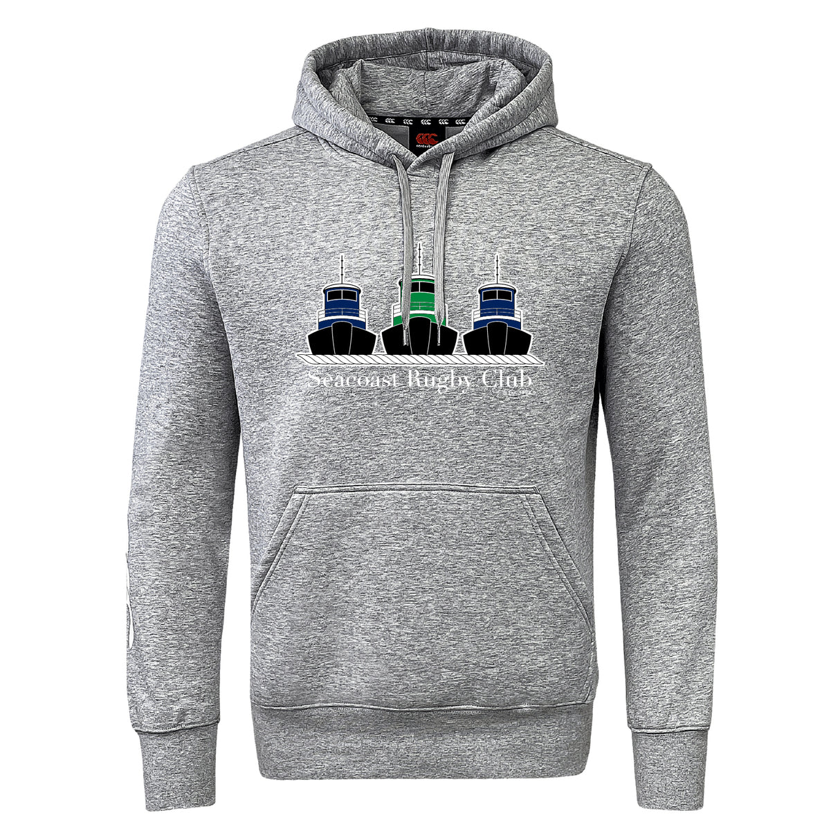 The Seacoast Rugby Club Club Hoodie by WRS Canterbury is a gray hoodie featuring three boats in blue, black, and green above the "Seacoast Rugby Club" text.