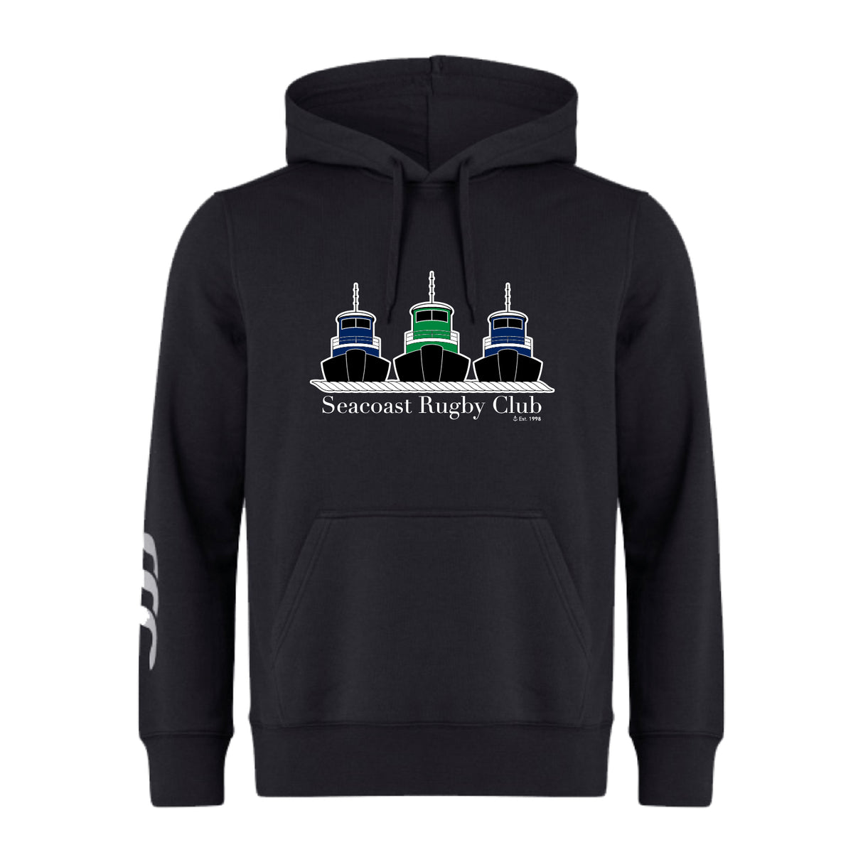 Show your rugby pride in style with the Seacoast Rugby Club Club Hoodie by WRS Canterbury—a black hoodie featuring three tugboats, "Seacoast Rugby Club Est. 1975" on the front, and a white striped design on the left sleeve.
