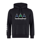 Show your rugby pride in style with the Seacoast Rugby Club Club Hoodie by WRS Canterbury—a black hoodie featuring three tugboats, "Seacoast Rugby Club Est. 1975" on the front, and a white striped design on the left sleeve.
