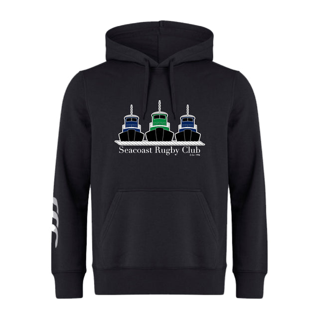 Show your rugby pride in style with the Seacoast Rugby Club Club Hoodie by WRS Canterbury—a black hoodie featuring three tugboats, "Seacoast Rugby Club Est. 1975" on the front, and a white striped design on the left sleeve.