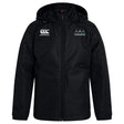 The Seacoast Rugby Club Vaposhield Full Zip Rain Jacket by EMB Canterbury is a black, water-resistant jacket with a hood, zip front, logo on the right chest, and an embroidered "Seacoast Rugby Club" crest on the left—ideal for rugby or rainy days.
