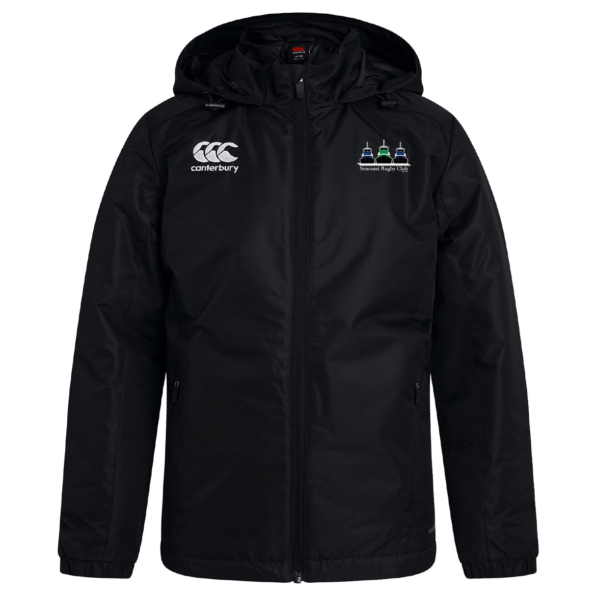 The Seacoast Rugby Club Vaposhield Full Zip Rain Jacket by EMB Canterbury is a black, water-resistant jacket with a hood, zip front, logo on the right chest, and an embroidered "Seacoast Rugby Club" crest on the left—ideal for rugby or rainy days.