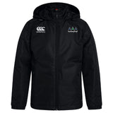 The Seacoast Rugby Club Vaposhield Full Zip Rain Jacket by EMB Canterbury is a black, water-resistant jacket with a hood, zip front, logo on the right chest, and an embroidered "Seacoast Rugby Club" crest on the left—ideal for rugby or rainy days.