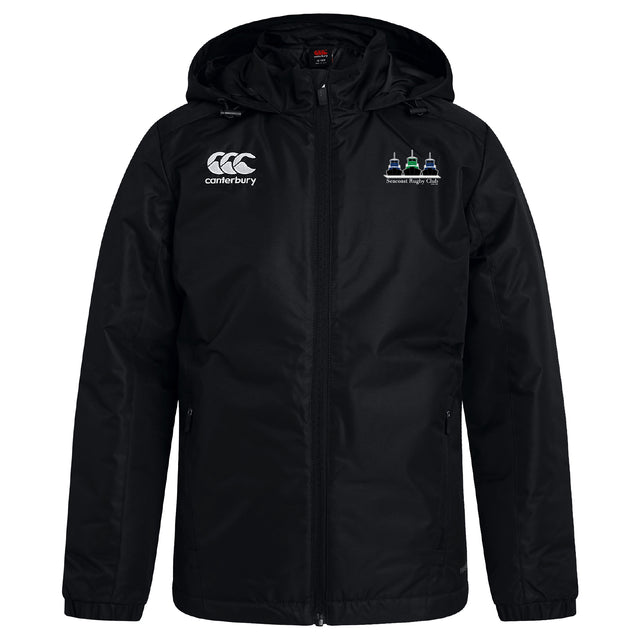 The Seacoast Rugby Club Vaposhield Full Zip Rain Jacket by EMB Canterbury is a black, water-resistant jacket with a hood, zip front, logo on the right chest, and an embroidered "Seacoast Rugby Club" crest on the left—ideal for rugby or rainy days.