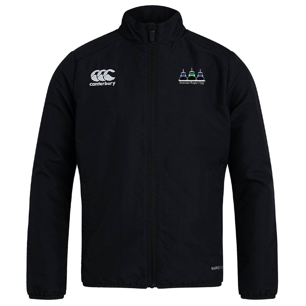 The Seacoast Rugby Club Club Track Jacket by EMB Canterbury is a lightweight black jacket with a full zipper, Canterbury logo on the right chest, and an embroidered emblem with three towers and text on the left chest. Ideal for all-weather comfort.