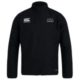 The Seacoast Rugby Club Club Track Jacket by EMB Canterbury is a lightweight black jacket with a full zipper, Canterbury logo on the right chest, and an embroidered emblem with three towers and text on the left chest. Ideal for all-weather comfort.