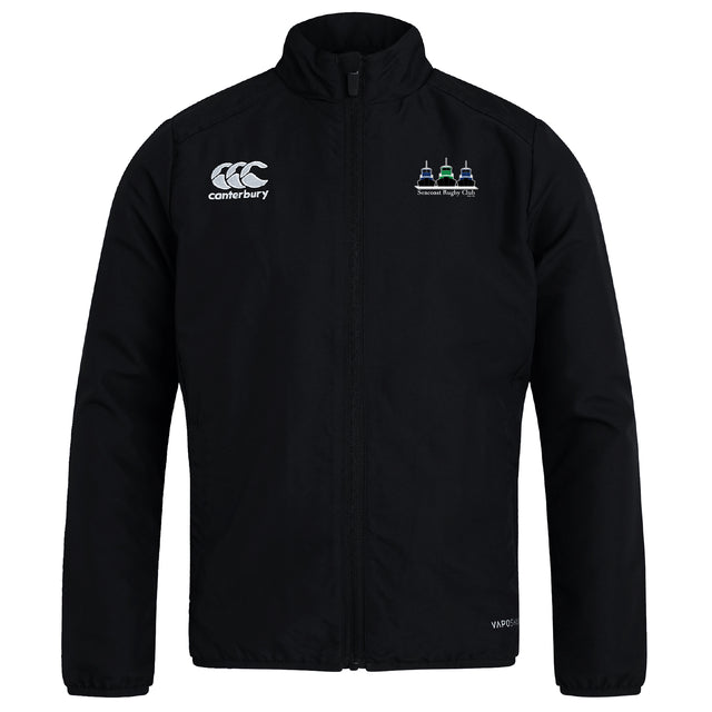 The Seacoast Rugby Club Club Track Jacket by EMB Canterbury is a lightweight black jacket with a full zipper, Canterbury logo on the right chest, and an embroidered emblem with three towers and text on the left chest. Ideal for all-weather comfort.