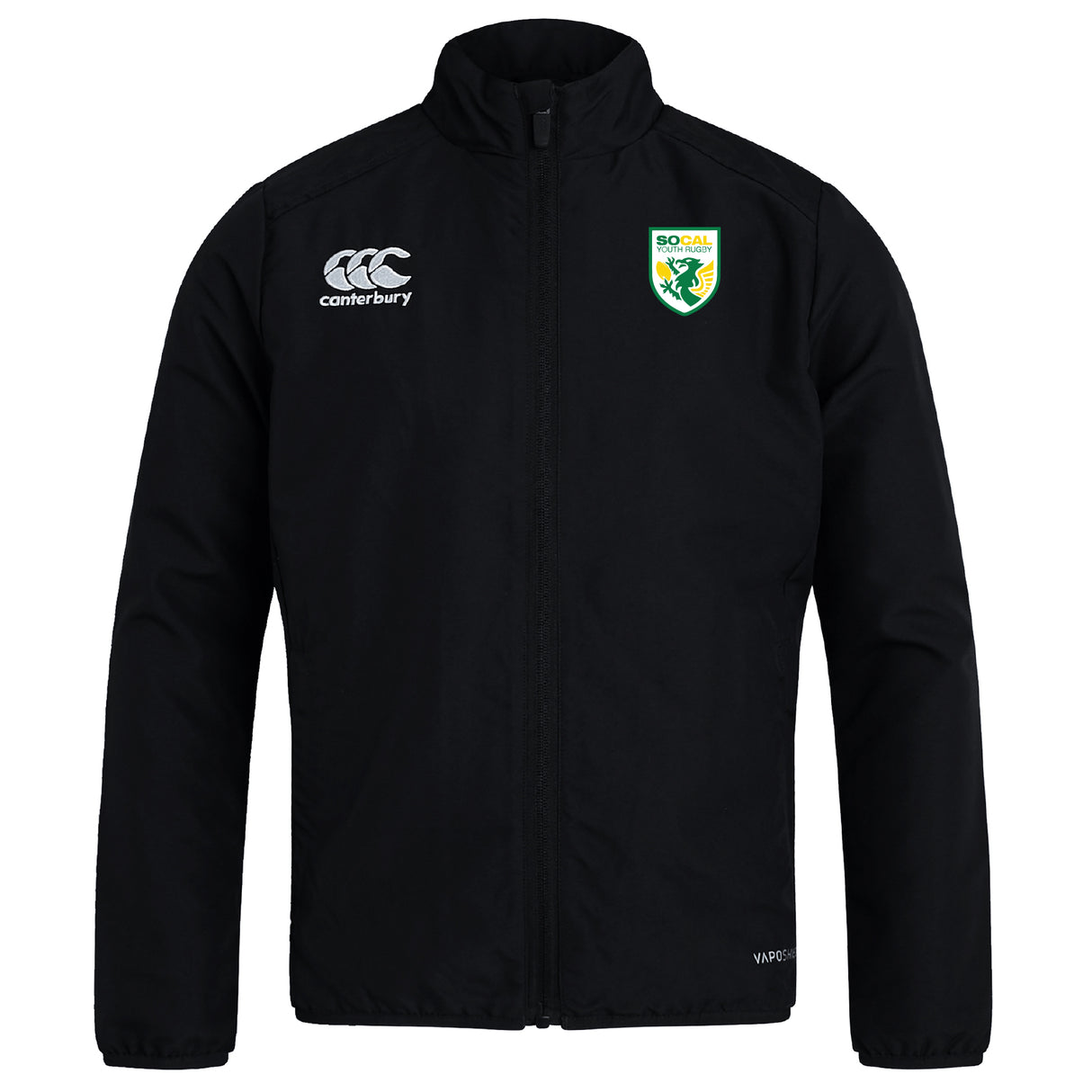 The SoCal Youth Rugby Club Track Jacket by EMB Canterbury features a front zipper, Canterbury logo on the right chest, SoCal rugby crest on the left, and is lightweight and water repellent for versatile comfort.