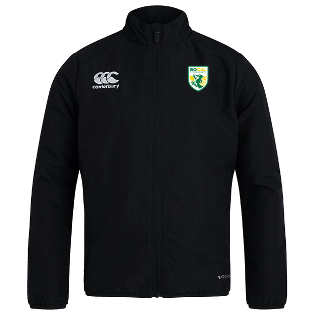 The SoCal Youth Rugby Club Track Jacket by EMB Canterbury features a front zipper, Canterbury logo on the right chest, SoCal rugby crest on the left, and is lightweight and water repellent for versatile comfort.