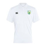 The SoCal Youth Rugby Club Dry Polo by EMB Canterbury is a white short-sleeved polo with Vapodri technology, featuring the Canterbury logo on the right chest and a green and yellow shield on the left.