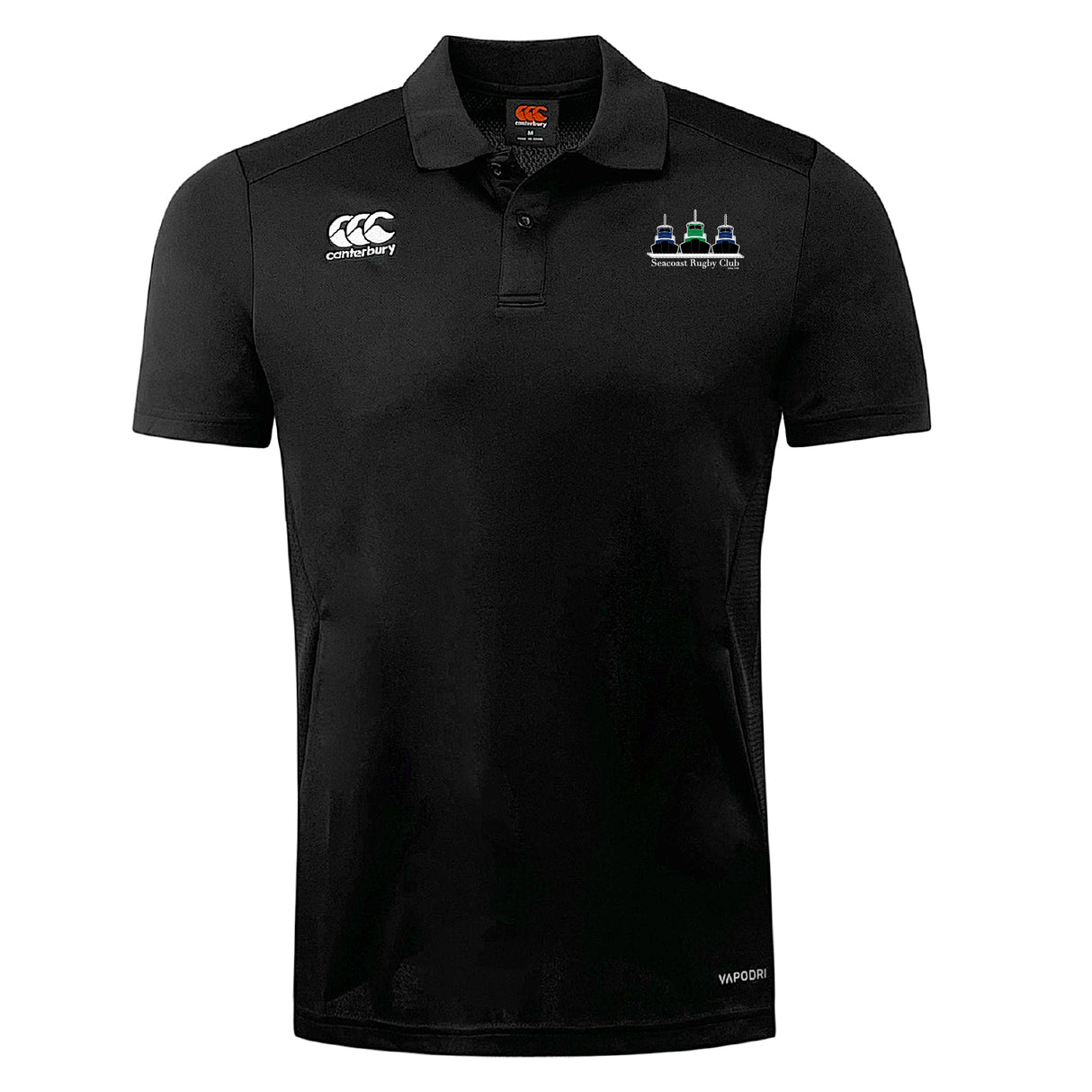 The Seacoast Rugby Club Club Dry Polo by EMB Canterbury is a black, short-sleeve collared polo with embroidered Canterbury and Seacoast Rugby Club logos, featuring Vapodri Technology for breathable comfort.