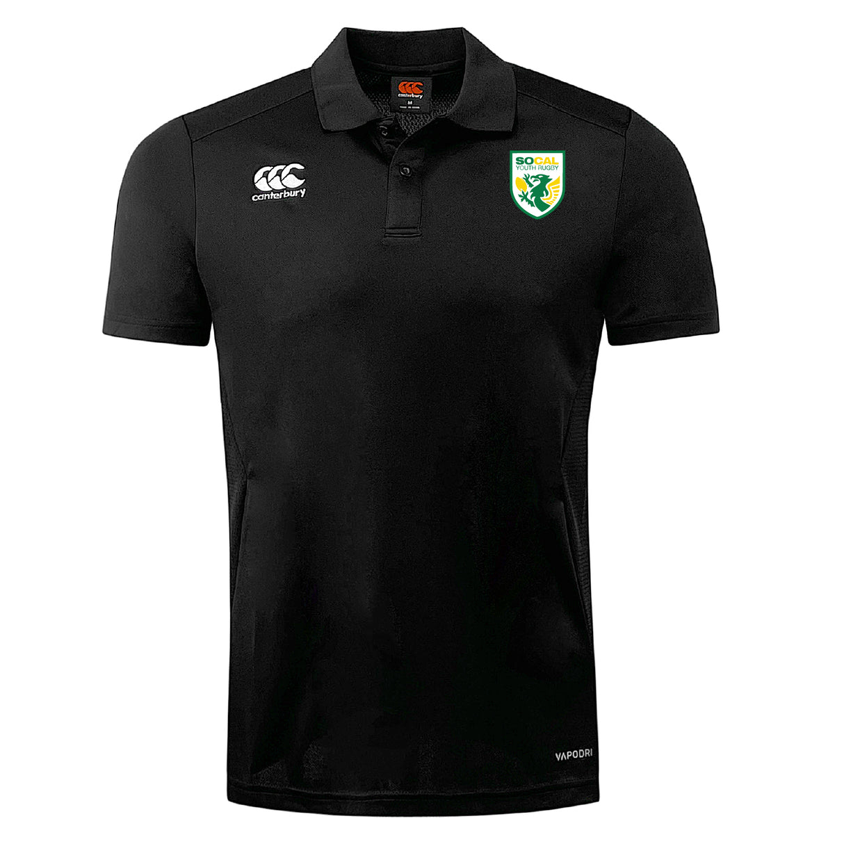 The SoCal Youth Rugby Club Dry Polo by EMB Canterbury is a black short-sleeve polo with a collar, featuring the Canterbury logo on the right chest and a green and yellow crest on the left. Made with Vapodri tech for breathable comfort.