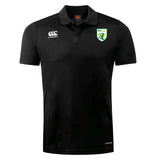 The SoCal Youth Rugby Club Dry Polo by EMB Canterbury is a black short-sleeve polo with a collar, featuring the Canterbury logo on the right chest and a green and yellow crest on the left. Made with Vapodri tech for breathable comfort.