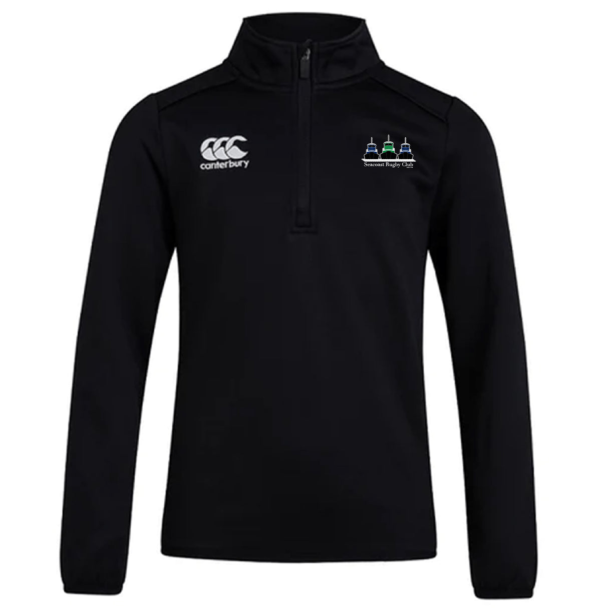 The Seacoast Rugby Club 1/4 Zip Mid Layer Training Top by EMB Canterbury is a black rugby top with white "Canterbury" branding and logo on the right chest, plus an embroidered Seacoast Rugby Club logo on the left chest.