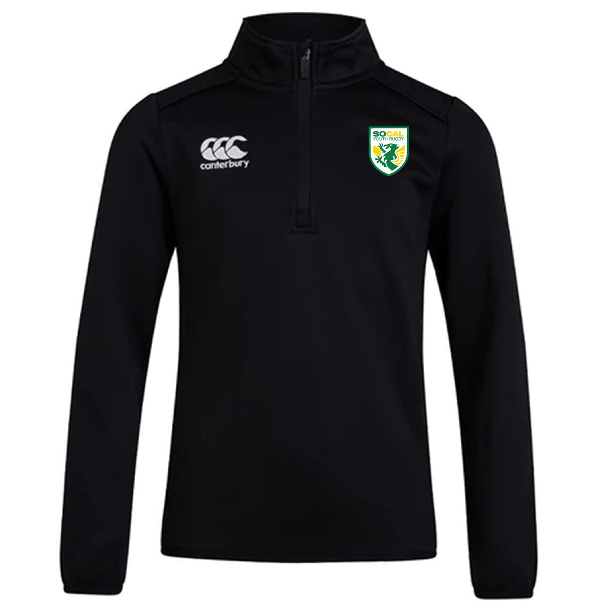 The SoCal Youth Rugby Club 1/4 Zip Mid Layer Training Top by EMB Canterbury is a black, long-sleeve training top with a 1/4 zip, featuring the Canterbury logo on the right chest and the SoCal badge on the left.