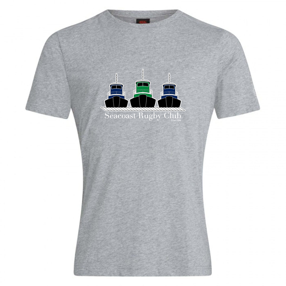 The Seacoast Rugby Club Club Plain Tee by Canterbury from WRS Canterbury is a gray cotton blend t-shirt with three tugboats and “Seacoast Rugby Club” text on the front—ideal comfortable wear for fans and players.