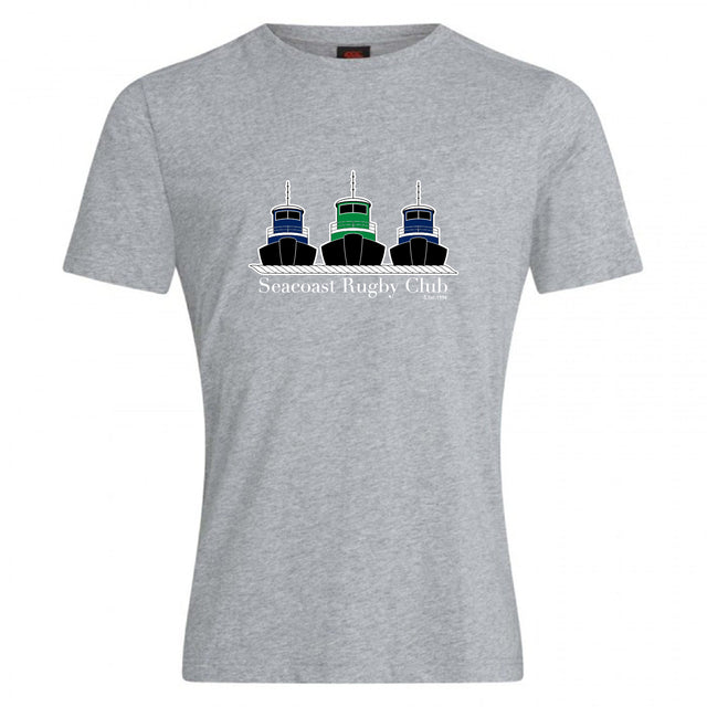 The Seacoast Rugby Club Club Plain Tee by Canterbury from WRS Canterbury is a gray cotton blend t-shirt with three tugboats and “Seacoast Rugby Club” text on the front—ideal comfortable wear for fans and players.