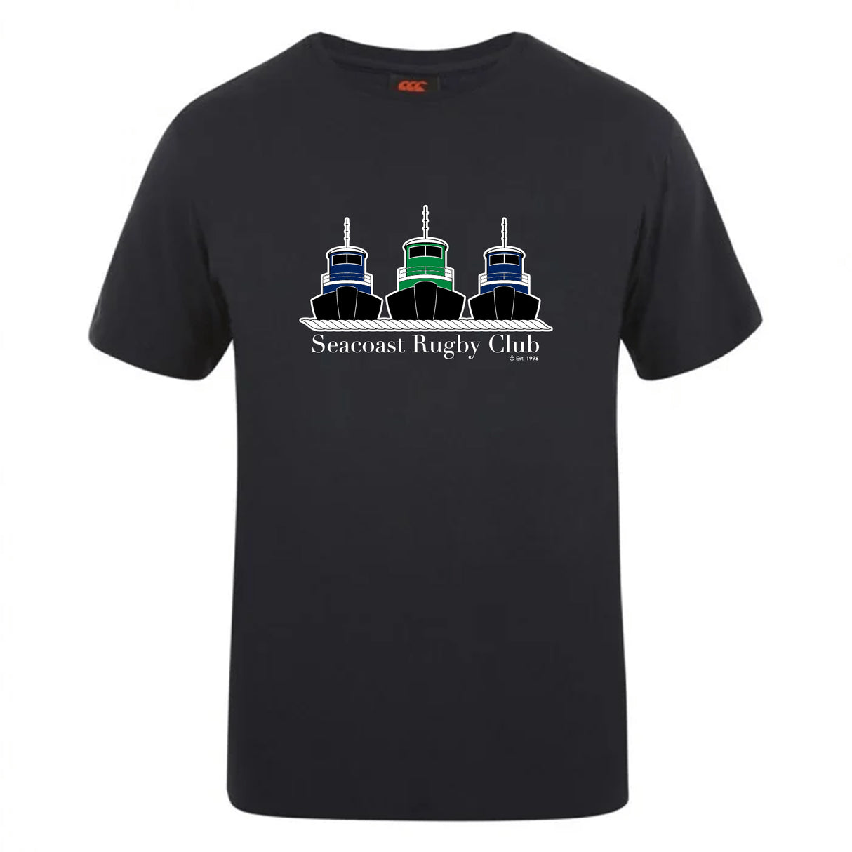 The Seacoast Rugby Club Club Plain Tee by WRS Canterbury is a black cotton blend shirt with three tugboat graphics in blue, green, and black above "Seacoast Rugby Club" on the front.