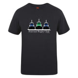 The Seacoast Rugby Club Club Plain Tee by WRS Canterbury is a black cotton blend shirt with three tugboat graphics in blue, green, and black above "Seacoast Rugby Club" on the front.