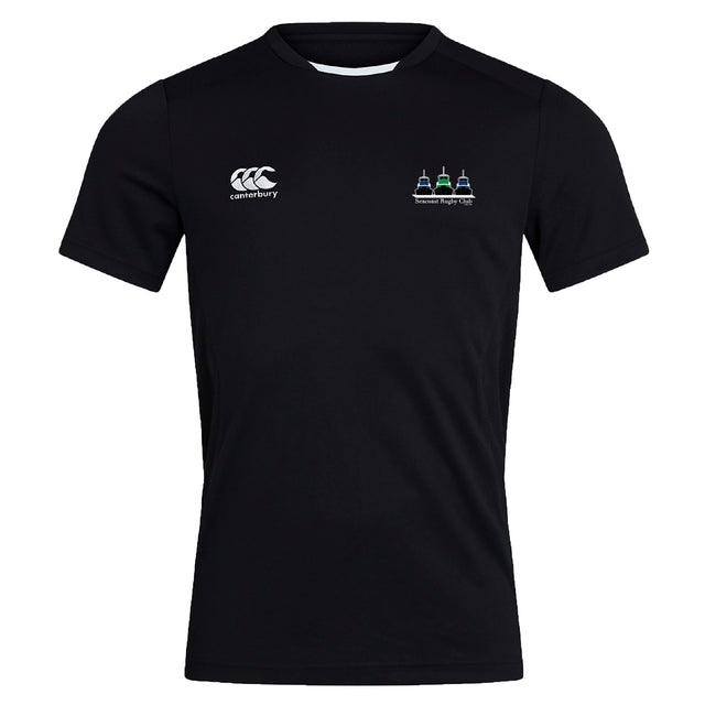The Seacoast Rugby Club Club Dry Tee by EMB Canterbury is a breathable black short-sleeve shirt featuring the “Canterbury” logo on the right chest and a school crest on the left, perfect to keep you comfortable during any activity.