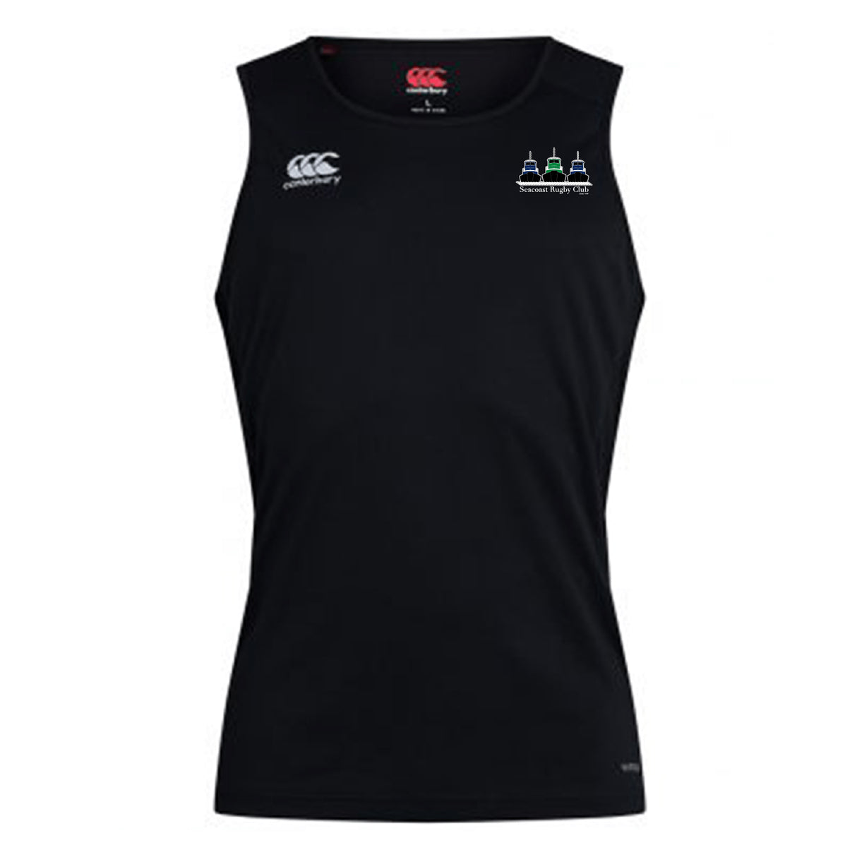 Sleeveless black Seacoast Rugby Club Club Dry Singlet by EMB Canterbury, featuring Vapodri Technology, small white Canterbury logos, and an embroidered "Seacoast Rugby Club" emblem on the left chest—ideal athletic gear.