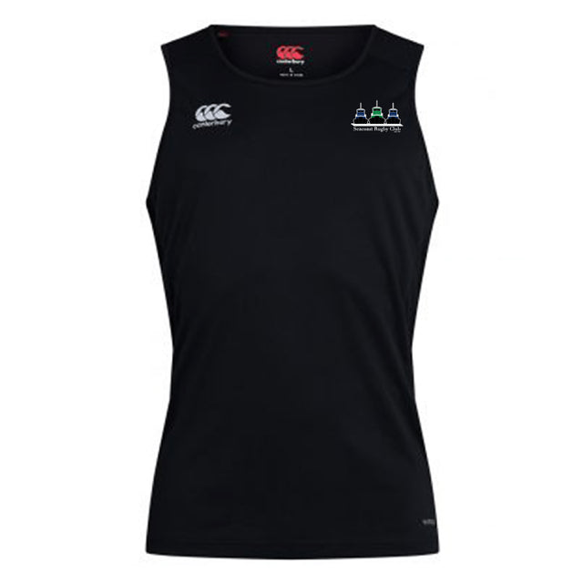 Sleeveless black Seacoast Rugby Club Club Dry Singlet by EMB Canterbury, featuring Vapodri Technology, small white Canterbury logos, and an embroidered "Seacoast Rugby Club" emblem on the left chest—ideal athletic gear.