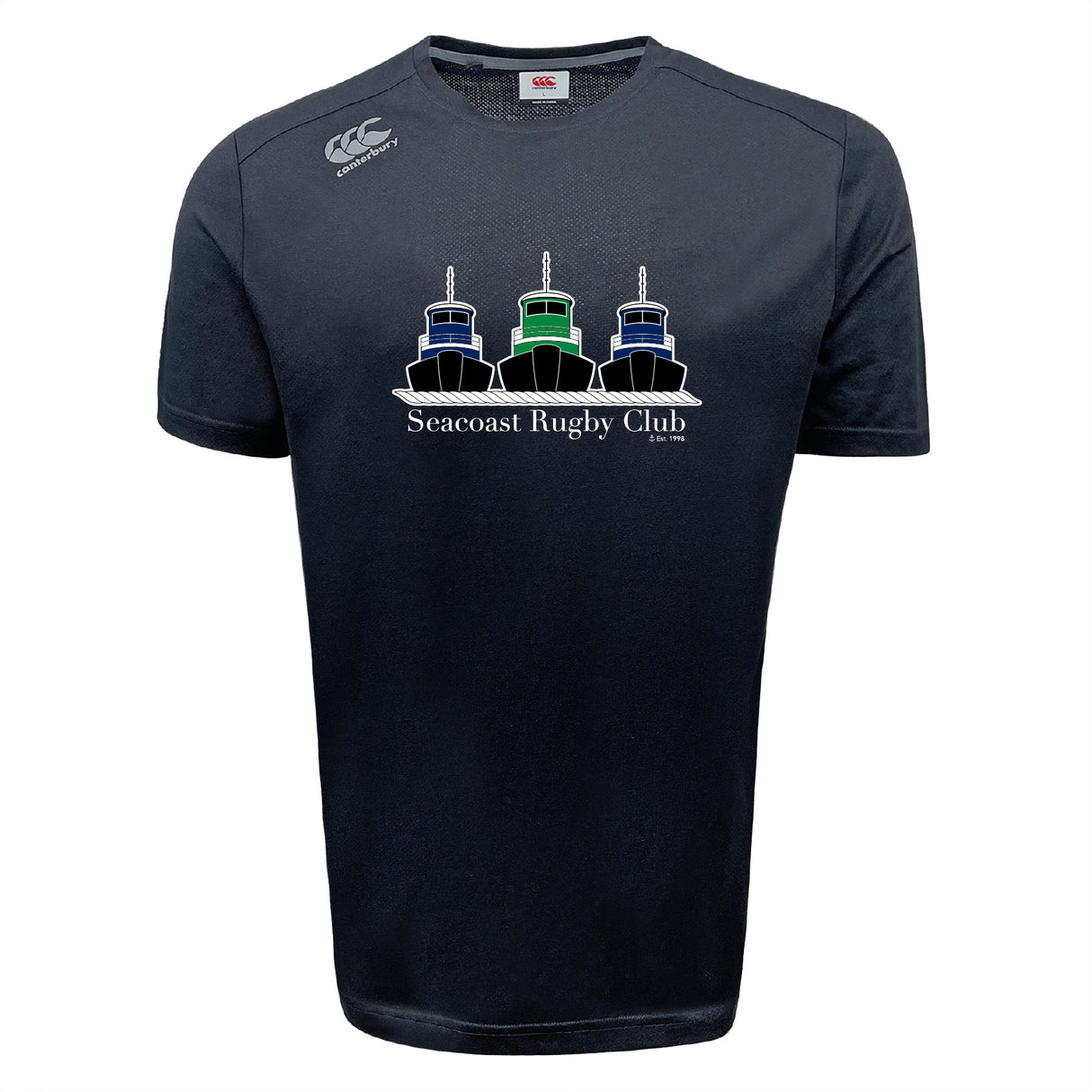 The Seacoast Rugby Club Tempo Vapodri T-Shirt by WRS Canterbury features three tugboats above the club name on a black sports tee. Made from moisture-wicking fabric for comfort, it's ideal for both on and off the field.