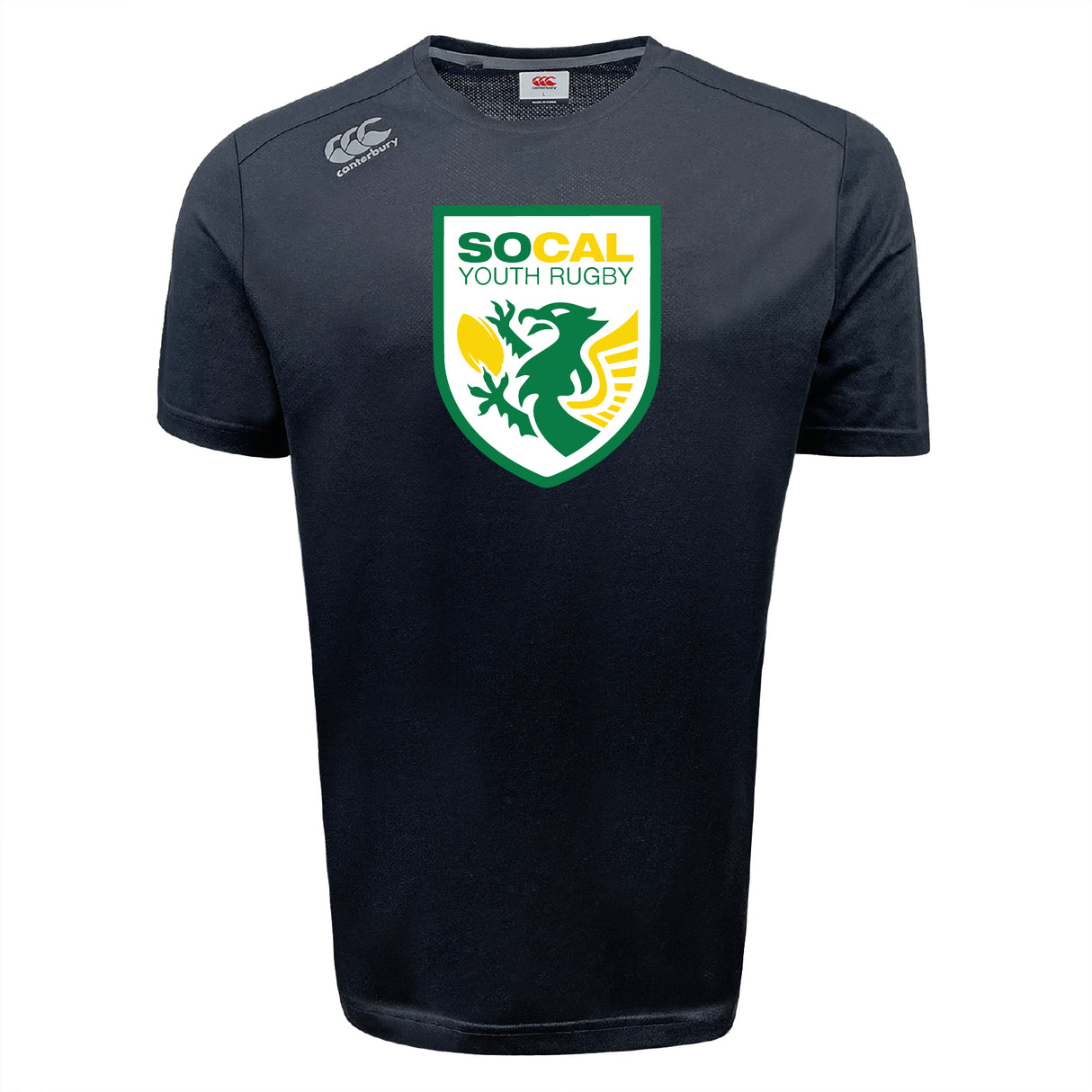 The SoCal Youth Referees Tempo Vapodri T-Shirt by WRS Canterbury features a black, short-sleeve design with a green, yellow, and white griffin "SoCal Youth Rugby" shield logo. A moisture-wicking athletic shirt ideal for active youth.