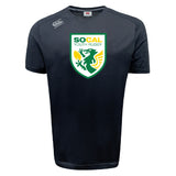 The SoCal Youth Referees Tempo Vapodri T-Shirt by WRS Canterbury features a black, short-sleeve design with a green, yellow, and white griffin "SoCal Youth Rugby" shield logo. A moisture-wicking athletic shirt ideal for active youth.