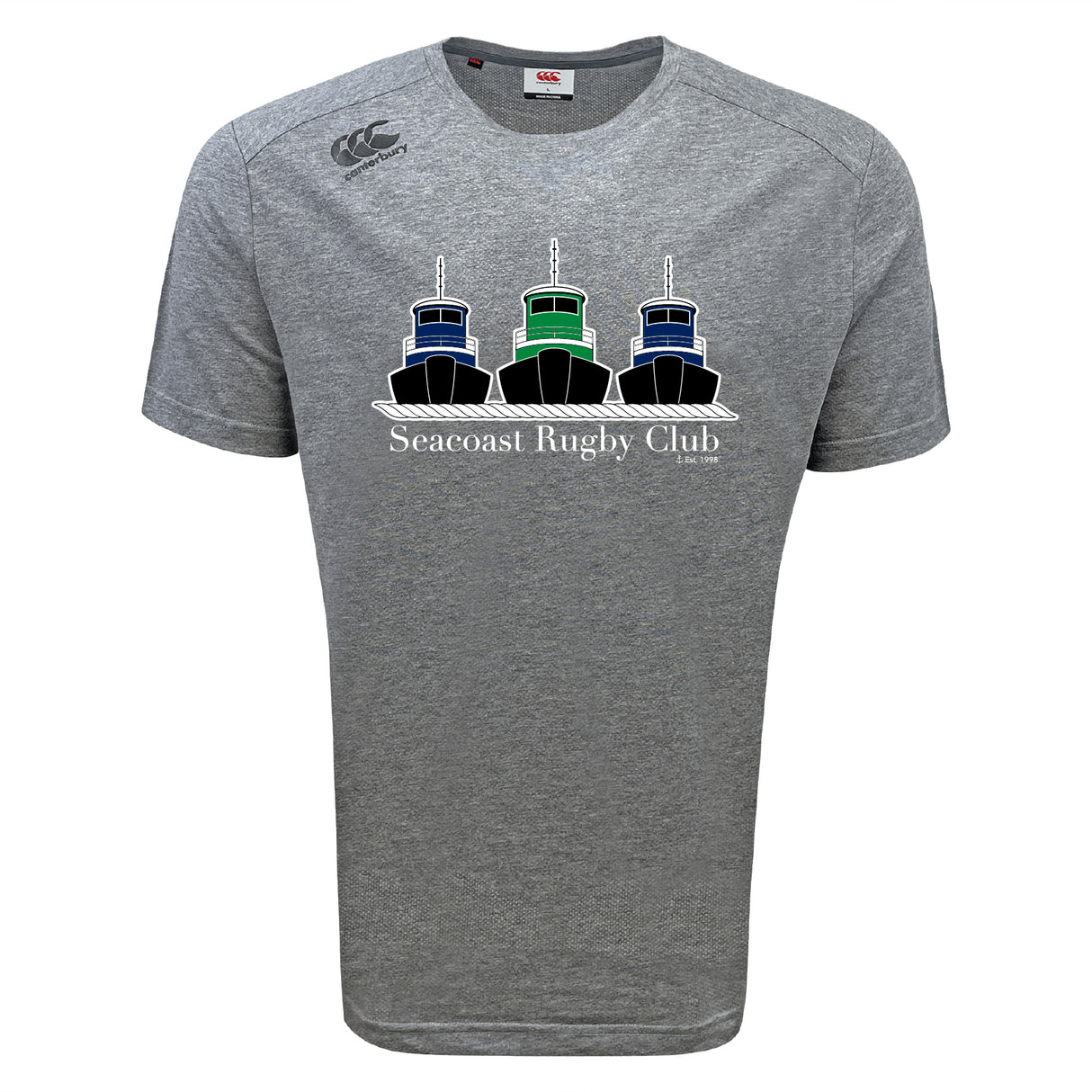 The Seacoast Rugby Club Tempo Vapodri T-Shirt by WRS Canterbury features three illustrated tugboats in blue, black, and green above "Seacoast Rugby Club" in white, offering advanced moisture wicking for all-day comfort.
