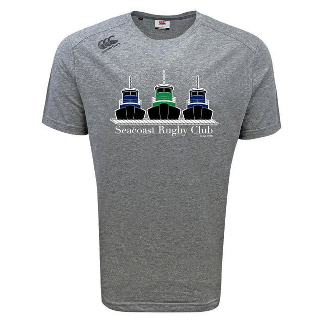 The Seacoast Rugby Club Tempo Vapodri T-Shirt by WRS Canterbury features three illustrated tugboats in blue, black, and green above "Seacoast Rugby Club" in white, offering advanced moisture wicking for all-day comfort.