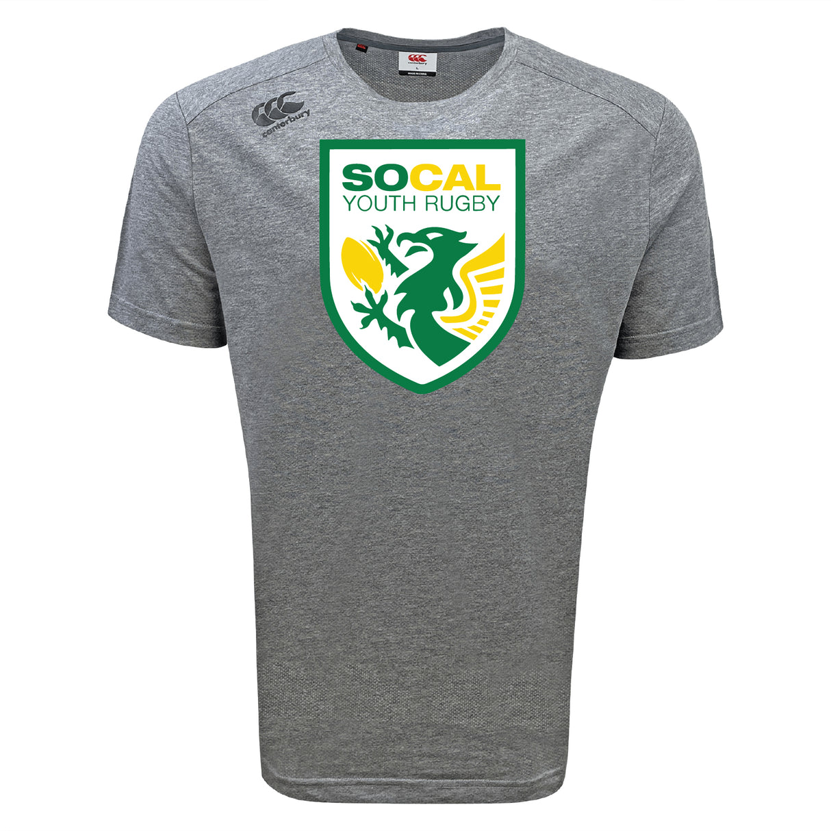 The WRS Canterbury SoCal Youth Referees Tempo Vapodri T-Shirt features a large "SoCal Youth Rugby" logo with a green and yellow shield and dragon on the front; this moisture-wicking tee is ideal for athletic performance.