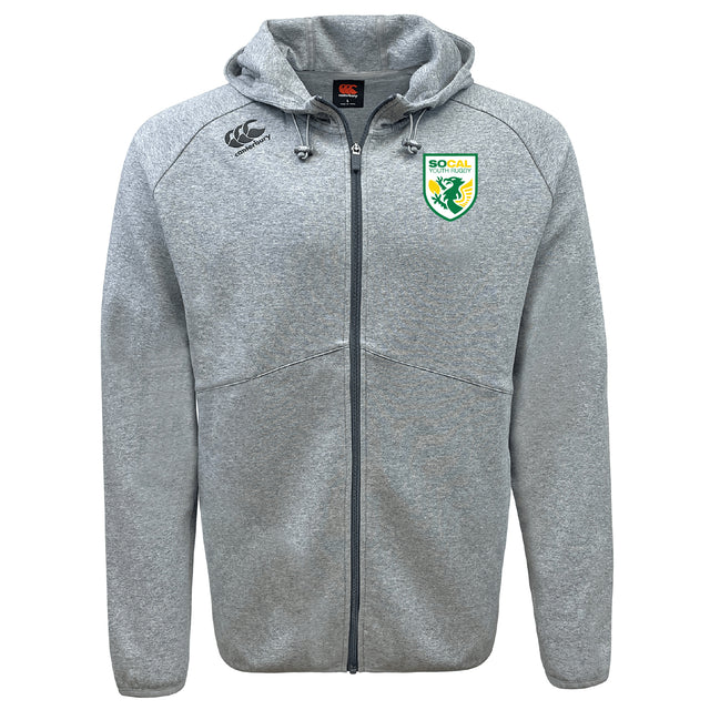 Stay comfortable all day in the SoCal Youth Referees Tempo Vapodri Full-Zip Hoodie by EMB Canterbury. This light gray hoodie features moisture-wicking fabric, a hood with drawstrings, black Canterbury logo, and a green SoCal chest badge.